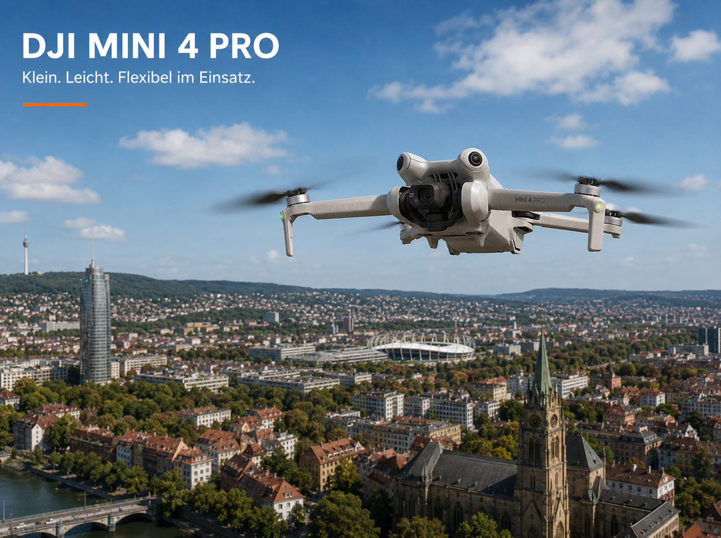DJI Mini 4 Pro im Flug über Stuttgart
